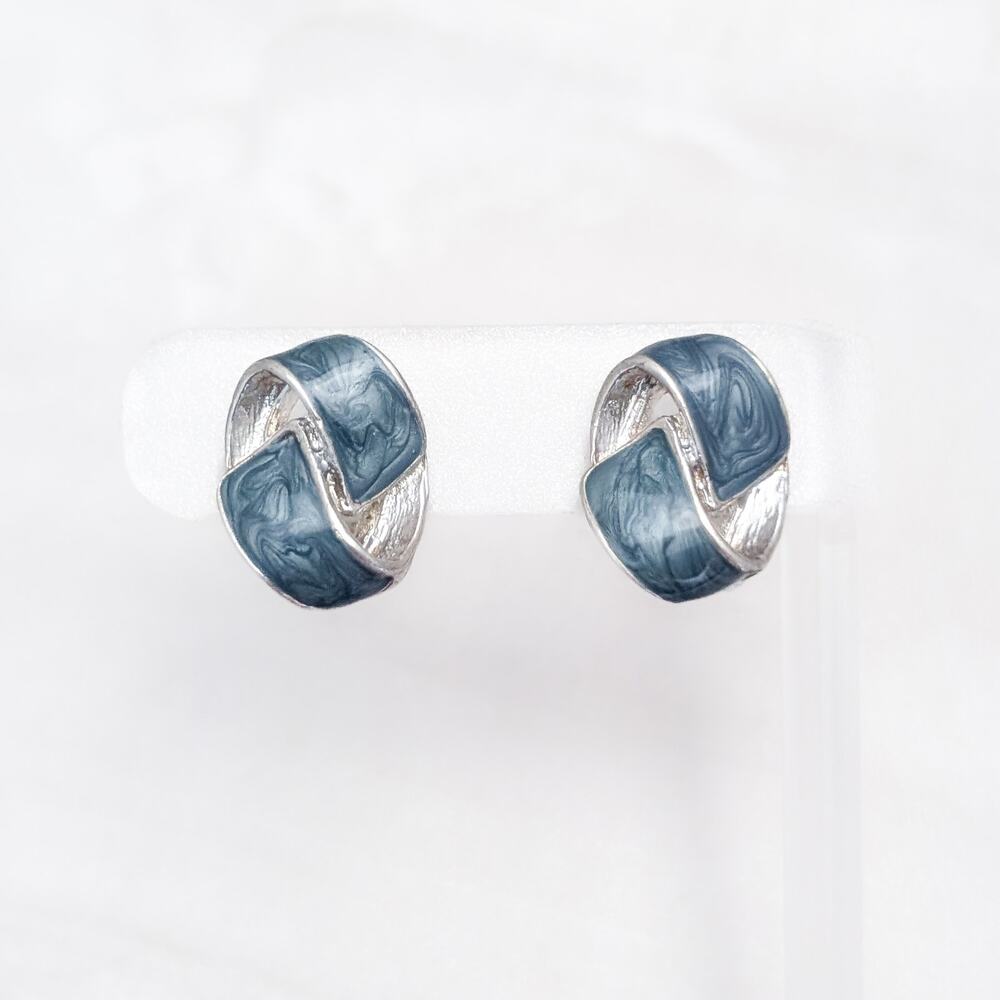 Vintage Clip On Earrings Dark Teal-ish Blue Enamel & Silver Tone Stylish 1.25"